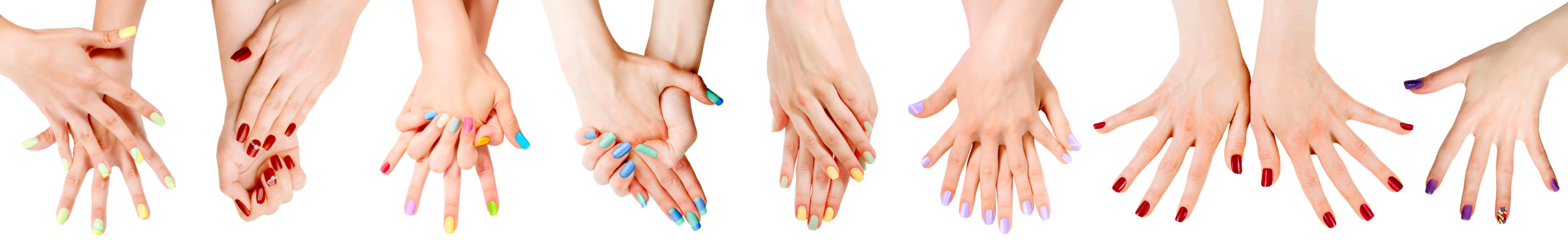 Woman hands with colored nail polish set in the row. Isolated on white